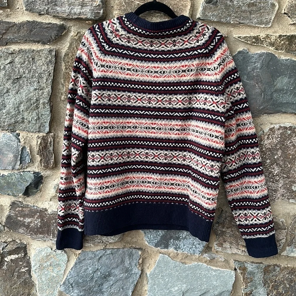 J Crew Men Large 100% Lambswool Fair Isle Knit Multicolor Crewneck Sweater